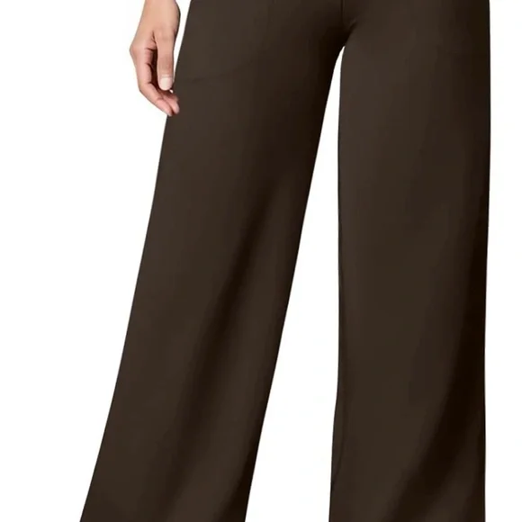 QQQWomen's YOGA PANTS DARK Brown Wide-Leg WITH POCKETS - Picture 2 of 3